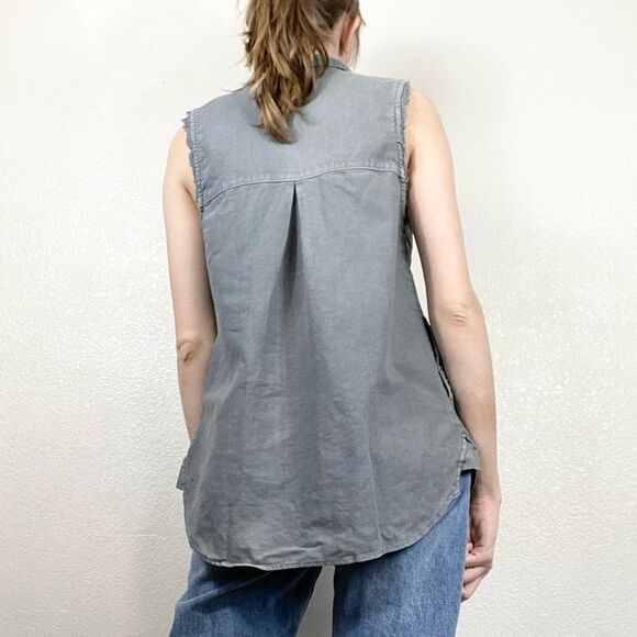Free People Grey Distressed Linen Button Up Sleeveless Top - Picture 3 of 10
